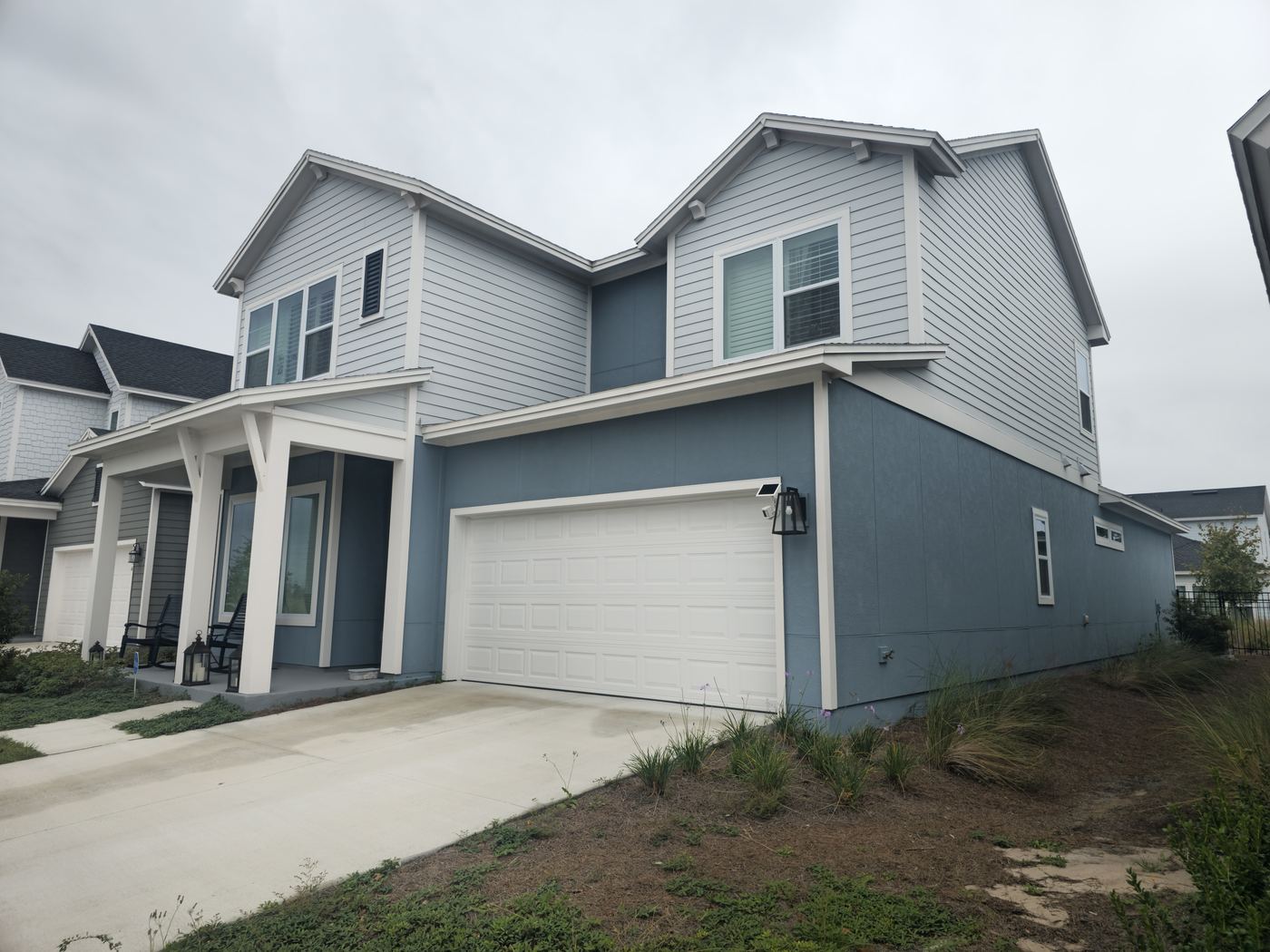 Two-story home with blue and white siding